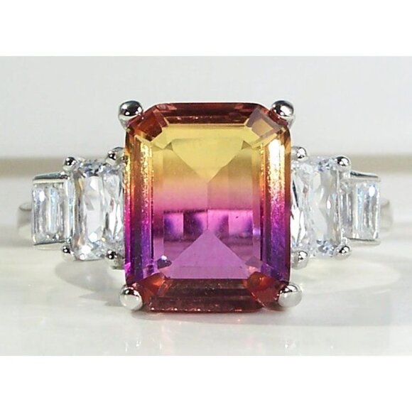 925 STERLING SILVER Emerald Cut Gradient Cubic Zirconia Ring - Picture 1 of 16